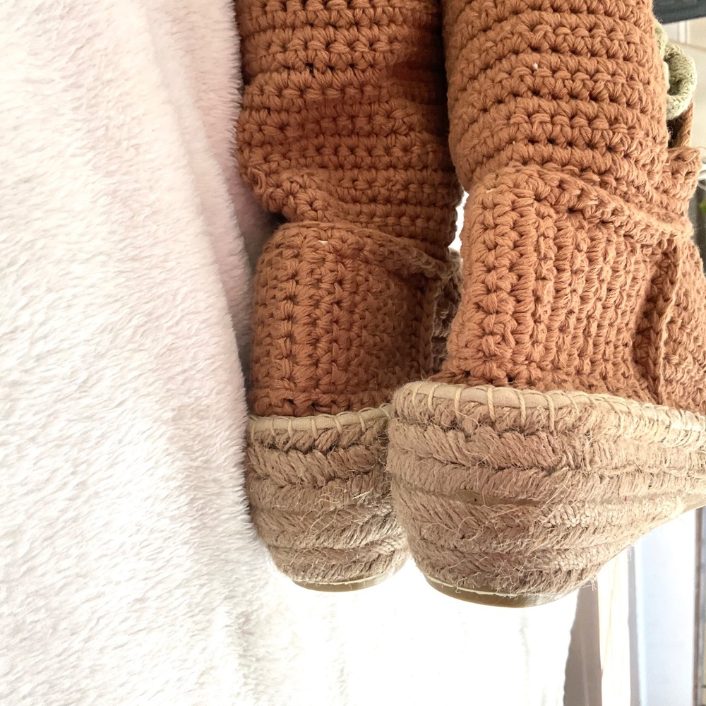 LIVS Crochet Knee High Espadrille Boots Tan Lace Up Boho Cottagecore Size 7 - Picture 10 of 15